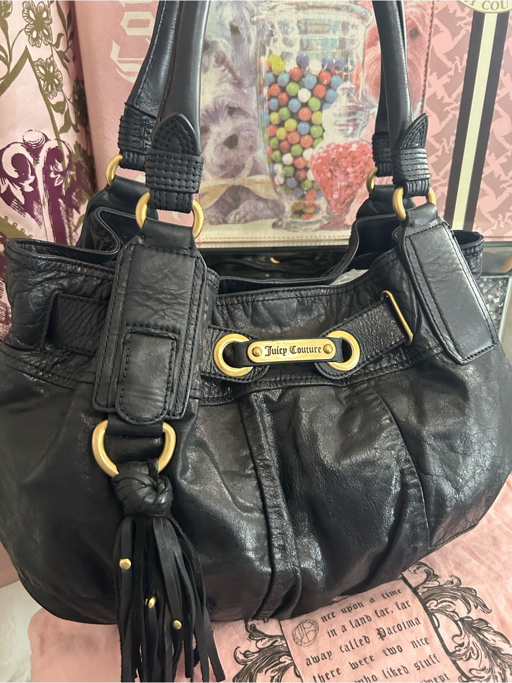 Y2K Vintage 2010 Juicy Couture Black Leather Hobo Shoulder Bag with Dust Bag